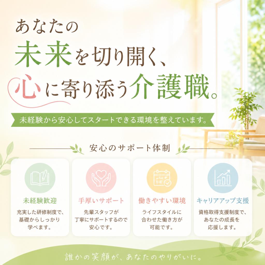 あなたの未来を切り開く、心に寄り添う介護職。未経験から安心してスタートできる環境を整えています。