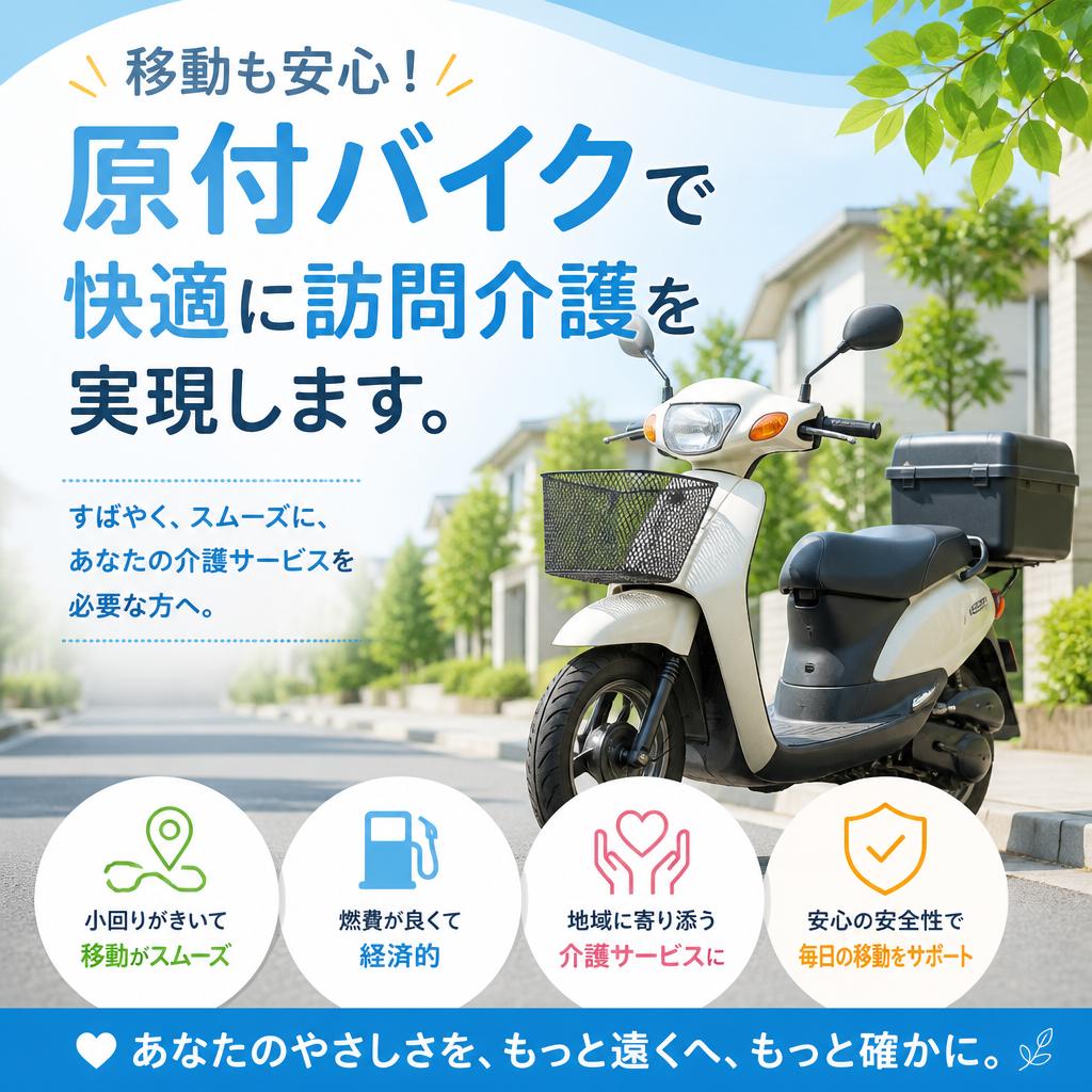 移動も安心！原付バイクで快適に訪問介護を実現します。