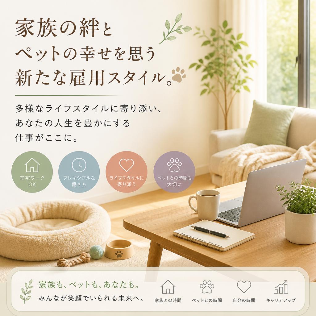 家族の絆とペットの幸せを思う新たな雇用スタイル。多様なライフスタイルに寄り添い、あなたの人生を豊かにする仕事がここに。
