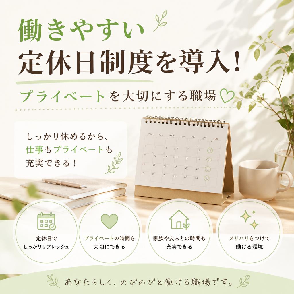 働きやすい定休日制度を導入！プライベートを大切にする職場