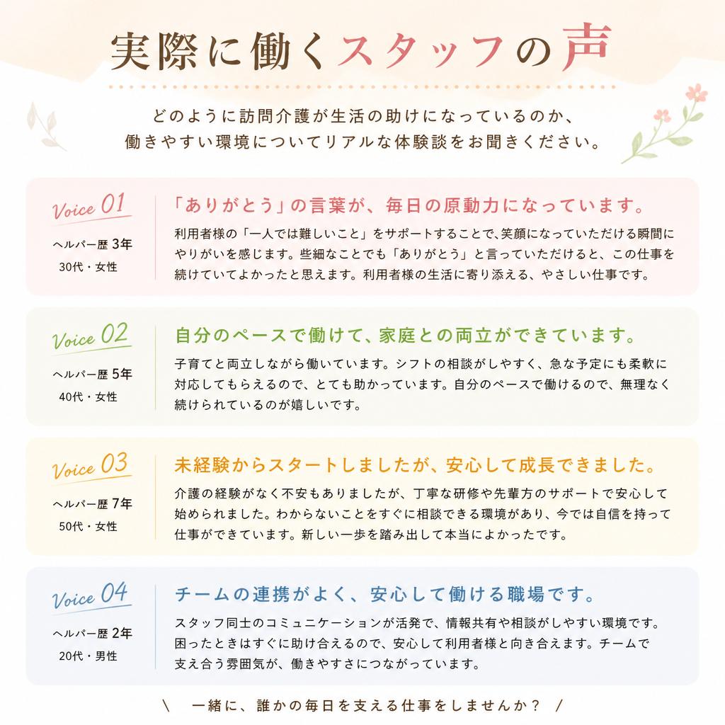 スタッフの声 — 働きやすさを実感